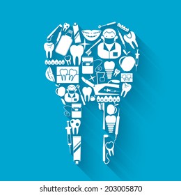 Tooth made of silhouette dental health and caries protection stomatology icons concept vector illustration