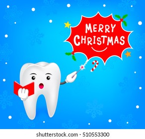 Tooth with magic through a magic wand to merry Christmas. Funny xmas celebration. Great for dental health care concept. illustration.