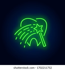 Tooth and magic wand neon sign. Stomatology and dental clinic advertisement design. Night bright neon sign, colorful billboard, light banner. Vector illustration in neon style.