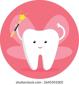 Tooth with a magic wand on a pink background. Vector illustration