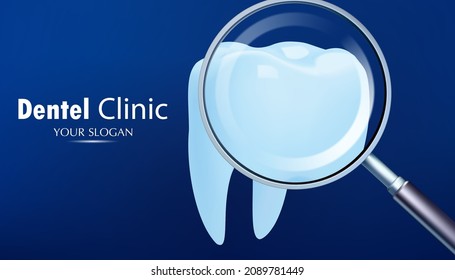 Tooth and magnify glass dental related . Realistic vector illustration .