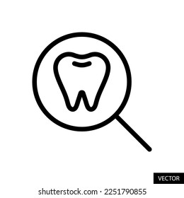 Tooth with magnifying glass, dental check up concept vector icon in line style design for website, app, UI, isolated on white background. Editable stroke. EPS 10 vector illustration.