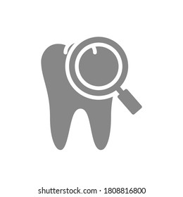 Tooth with magnifying glass gray icon. Organ research symbol.