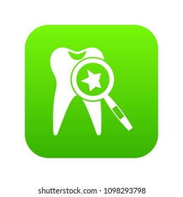 Tooth with magnifying glass icon digital green for any design isolated on white vector illustration
