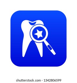 Tooth with magnifying glass icon digital blue for any design isolated on white vector illustration