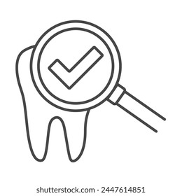 Tooth with magnifying glass icon outline. dental check under a magnifying glass