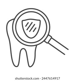 Tooth with magnifying glass icon outline. protected tooth