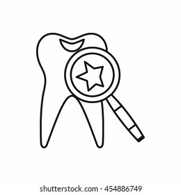 Tooth with magnifying glass icon in outline style isolated vector illustration