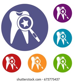 Tooth with magnifying glass icons set in flat circle reb, blue and green color for web