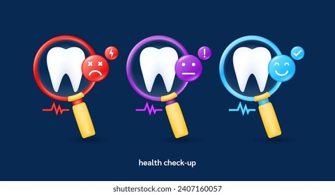 Tooth in magnifying glass looking diagnose with icon sadly face worried and smiling. Pulse, thunder, exclamation, check mark. Medical health care check up. 3d organ anatomy cartoon vector.