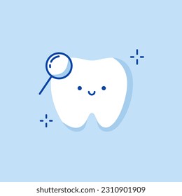 Tooth with magnifying glass. Teeth medical check icon, simple dental outline flat design pictogram, infographic vector for app logo web button ui ux interface elements isolated on white background