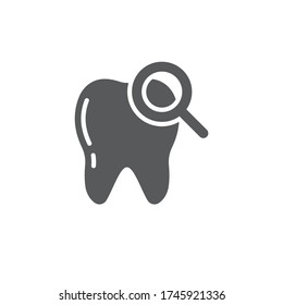 Tooth with magnifying glass vector icon sign and symbol isolated on white background