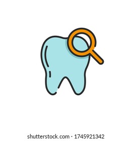 Tooth with magnifying glass vector icon sign and symbol isolated on white background