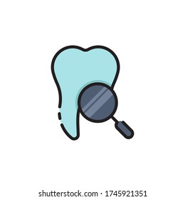 Tooth with magnifying glass vector icon sign and symbol isolated on white background