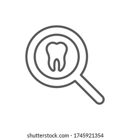 Tooth with magnifying glass vector icon sign and symbol isolated on white background