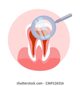 Tooth and Magnifying Glass Vector Illustration. Orthodontic Diagnosis Center Isolated Design Element. Professional Dentistry, Stomatology, Dental Clinic Symbol. Cavity Inspection, Examination