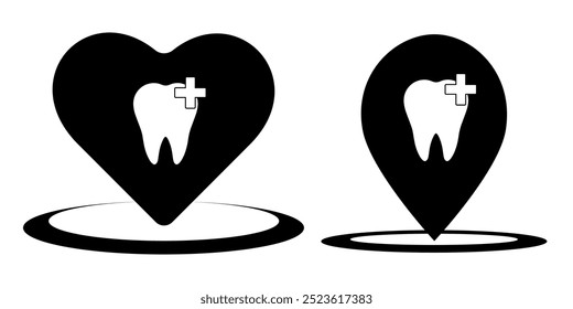 Dente com ícone de vetor de pino do mapa. sinal plano preenchido para conceito móvel e web design. Localização clínica dentária pino ícone sólido simples. Símbolo, ilustração de logotipo. Gráficos de vetor perfeitos com pixel