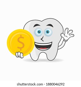 Tooth mascot character holding coins. vector illustration