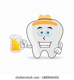 The Tooth mascot character is holding a glass filled with a drink. vector illustration