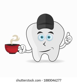 Tooth mascot character holding a hot cup of coffee. vector illustration