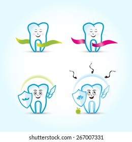 Tooth mascot. Tooth characters, peaceful and protecting from caries - vector icons set. Dental logo templates set. Family dental. 