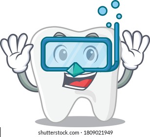 Tooth mascot design swims with diving glasses