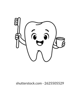Dente mascote ilustração design escovando dentes. Caráter de dente segurando escova de dentes e vidro de água. Dentes de desenho animado escovando os dentes felizes. Vamos escovar os dentes