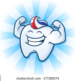 Tooth Mascot Muscle Man Dental Cartoon Character