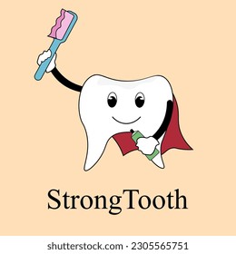 Tooth Mascot with Toothbrush in the hand. Banner for Children Dental Clinic. Tooth with red Cape. Vector illustration. 