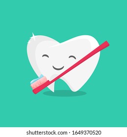 Tooth Mascot vector, 
illustration of sparkling clean teeth with a toothbrush and toothpaste with happy face in flat design.