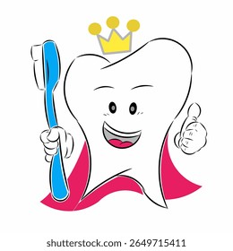 tooth mascot wearing a crown and red wing, healthy teeth icon
