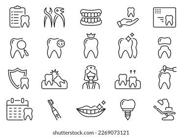 Conjunto de iconos de la línea de atención médica dental. Dentura Humana, Veneer, Pictograma Lineal De La Corona De Los Dientes. Diagnóstico dental. Símbolo de contorno de escritura. Tratamiento dental. Stroke editable. Ilustración de vectores aislados.