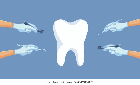 
Tooth at a Medical Consultation Vector Concept Illustration. Dental hygienist using proper tools for a checkup and preventive cleaning 
