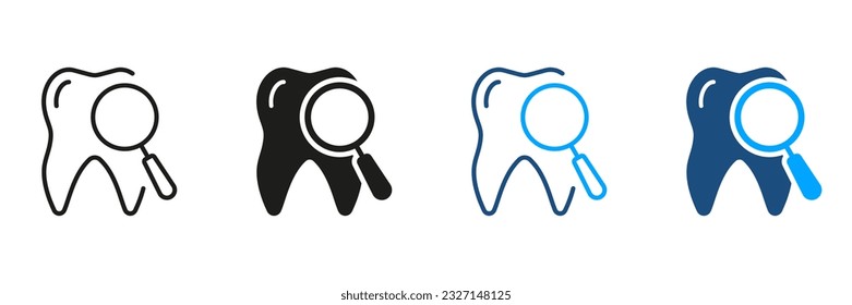 Tooth Medical Exam Pictogram. Magnifier Glass for Teeth Prevention. Dental Checkup Diagnostic Silhouette and Line Icon Set. Dental Treatment Symbol Collection. Isolated Vector Illustration.