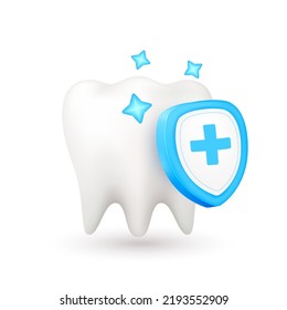 Diente con escudo de marca médica. Limpieza de los dientes para el diseño de clínicas dentales para niños. Concepto de higiene dental. Aislado sobre fondo blanco. Icono 3d vector EPS10 ilustración.