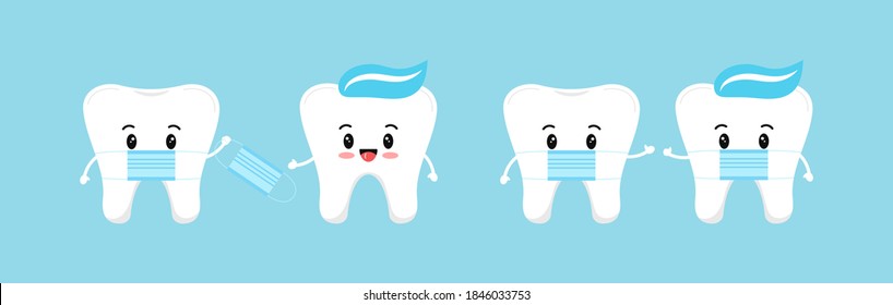 Tooth with medical mask give  protective virus mask to tooth with paste on head and he wear it on himself. Flat design cartoon concept of dental character vector illustration for dentist prevention.
