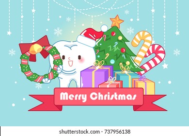 tooth with merry christmas on the blue background