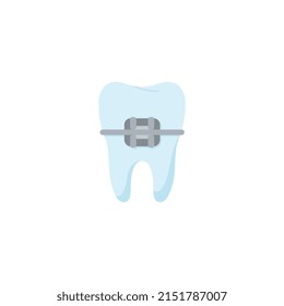 Tooth with metal brace flat style, vector illustration isolated on white background. Healthy orthodontic, dentistry concept, teeth alignment. Tooth treatment