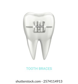 Tooth with metal brace, isolated realistic molar with bracket. Vector exodontist treatment and endodontist care health concept. Orthodontic dentistry and alignment of teeth. Healthy lifestyle