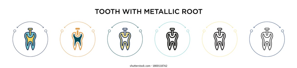 Tooth with metallic root icon in filled, thin line, outline and stroke style. Vector illustration of two colored and black tooth with metallic root vector icons designs can be used for mobile, ui,