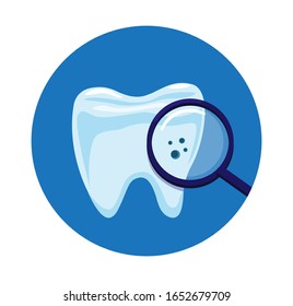 tooth with micro hole, teeth with magnifier glass find cavity dental problem cartoon flat illustration vector