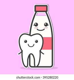 Tooth and milk are friends. Milk is good for the teeth concept. Vector illustration