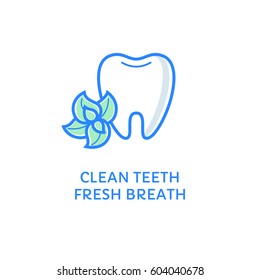 Tooth With Mint. Clean Teeth - Fresh Breath. Dental Icon Isolated On White. Flat Line Style Logotype. Dentistry Logo.