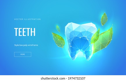 Tooth With A Mint Leaf In A Futuristic Digital Polygonal Style On A Blue Background. The Concept Of Cleanliness And Freshness Of The Oral Cavity. Vector Illustration 