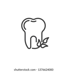 Tooth and mint leaves line icon. linear style sign for mobile concept and web design. Healthy tooth with herbal leaves outline vector icon. Dentistry, stomatology dental care symbol, logo illustration