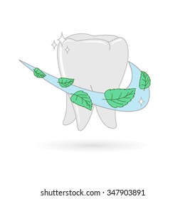 Tooth with a mint leaves. Vector illustration. Healthy tooth with green leaf line art icon or logo for dentistry.