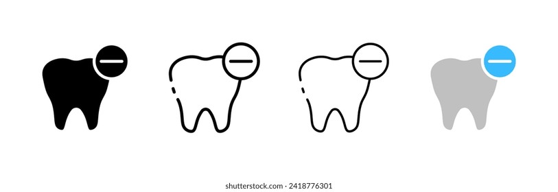 Tooth with minus buttons icon set. Silhouette, linear and flat style. Vector icons.