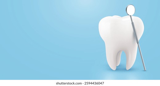 Tooth with mirror isolated on blue background. Dentistry concept. Vector illustration