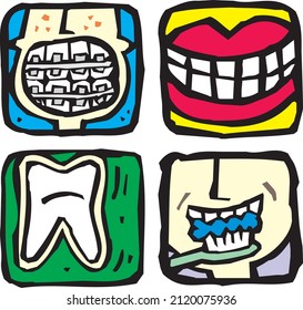Tooth Mouth Dental Care Toothbrush Teeth Braces Icons Symbol Sign Collection Set Vector Isolated on White