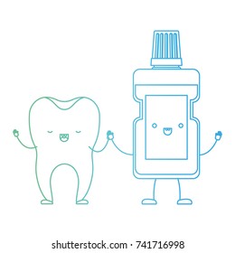 tooth and mouthwash in cartoon holding hands in degraded green to blue color contour vector illustration